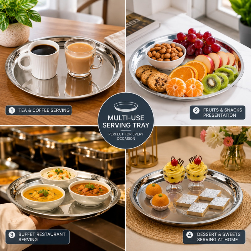 Stainless Steel Round Serving Tray – Mirror Polish Silver (25 x 2.5cm)