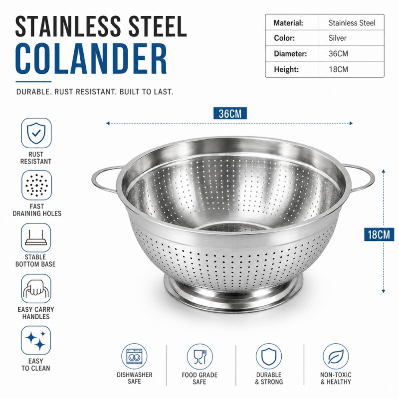 Radical stainless steel colander with a pedestal base and double handles – Silver (18 x 36cm)