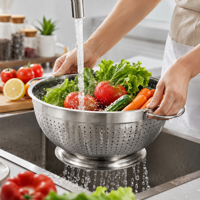Radical stainless steel colander with a pedestal base and double handles – Silver (18 x 36cm)