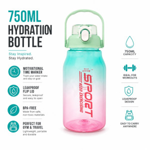 Energetic Sports Hydration Bottle with Motivational Time Marker and Flip Lid – Pink &amp; Aqua (24cm)