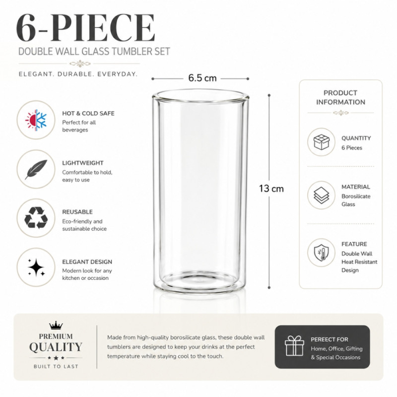 Crystal Clear Glass Tumbler Set – Transparent Premium Quality (13x6.5cm)