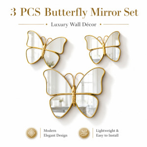 Enigmatic 3-piece set of gold butterfly-shaped wall mirrors featuring a modern and lightweight design – White (3PCS)