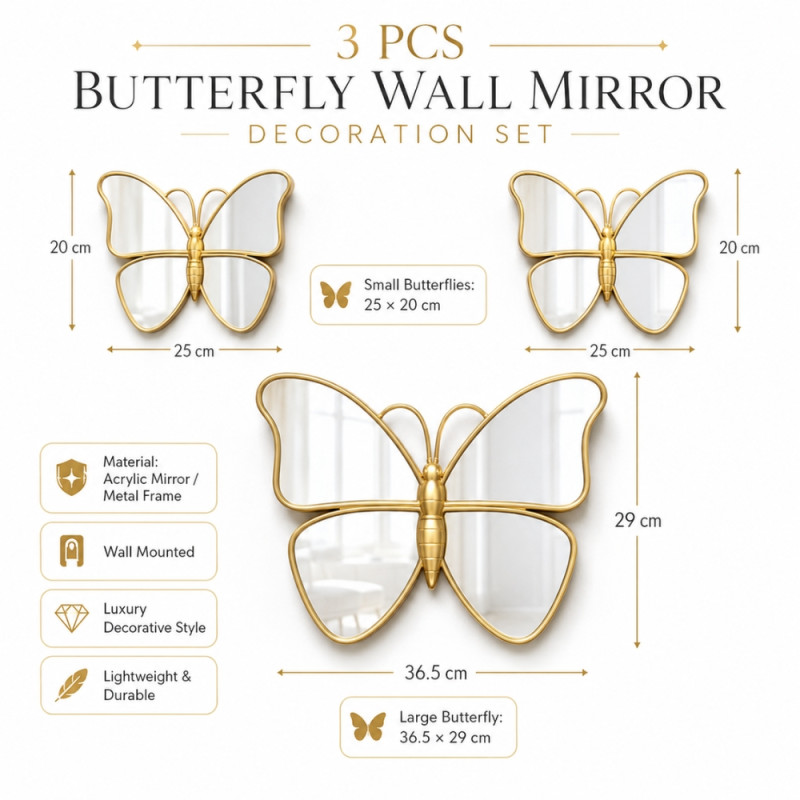 Enigmatic 3-piece set of gold butterfly-shaped wall mirrors featuring a modern and lightweight design – White (3PCS)