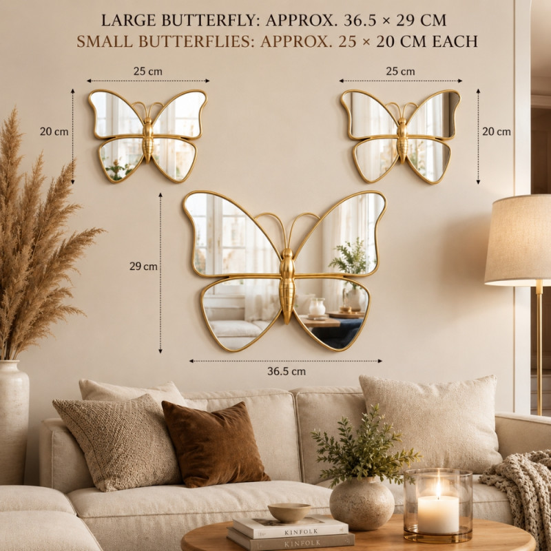 Enigmatic 3-piece set of gold butterfly-shaped wall mirrors featuring a modern and lightweight design – White (3PCS)