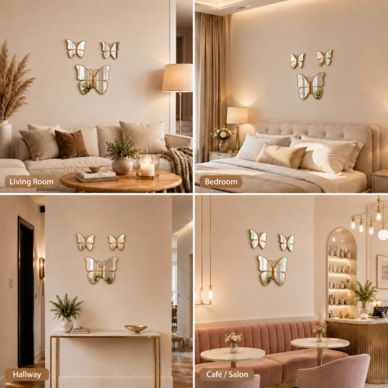 Enigmatic 3-piece set of gold butterfly-shaped wall mirrors featuring a modern and lightweight design – White (3PCS)