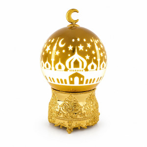Party Fusion Ramadan Moon Mosque LED Lamp featuring a gold finish and intricate cut-outs – 24cm