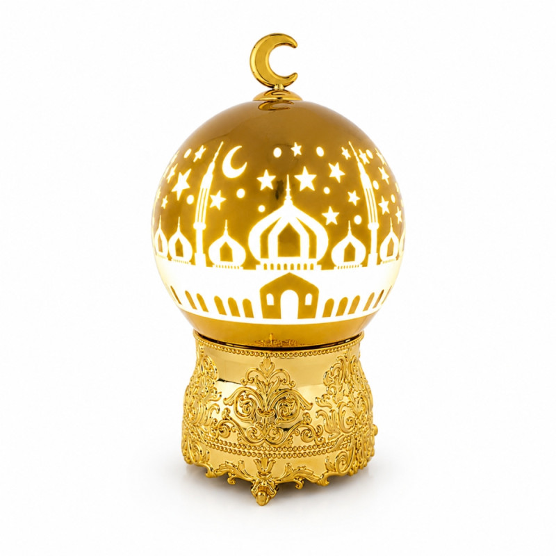 Party Fusion Ramadan Moon Mosque LED Lamp featuring a gold finish and intricate cut-outs – 24cm
