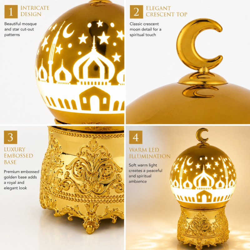Party Fusion Ramadan Moon Mosque LED Lamp featuring a gold finish and intricate cut-outs – 24cm