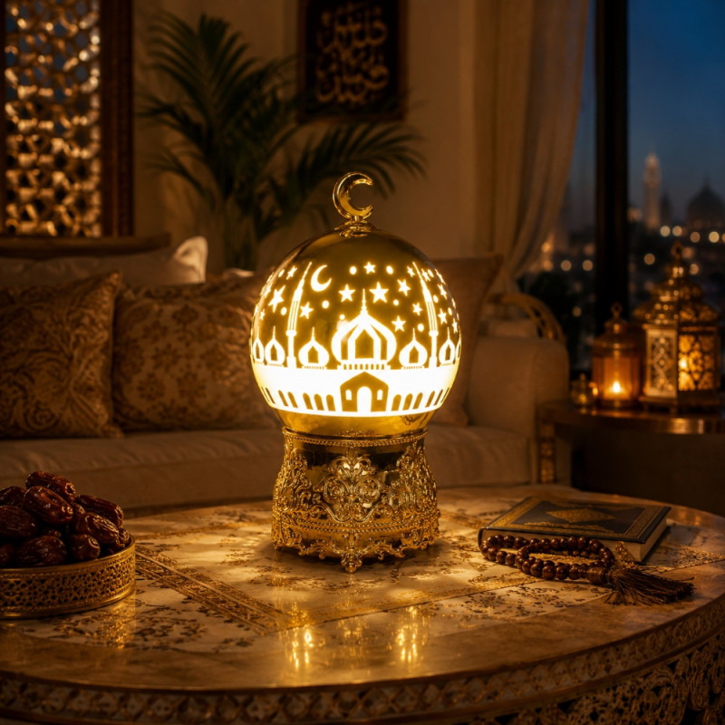 Party Fusion Ramadan Moon Mosque LED Lamp featuring a gold finish and intricate cut-outs – 24cm