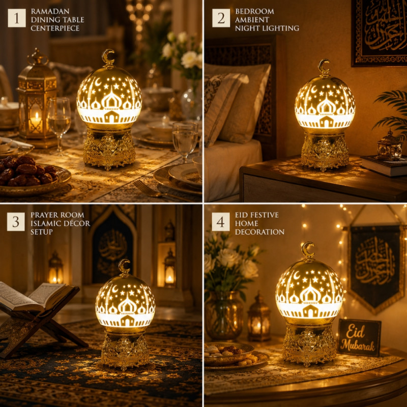 Party Fusion Ramadan Moon Mosque LED Lamp featuring a gold finish and intricate cut-outs – 24cm