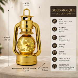 Amber Glow Led Lantern Designed for Ambiance & Illumination – Gold (H-20.0, W-11.0, L-8.5 CM)