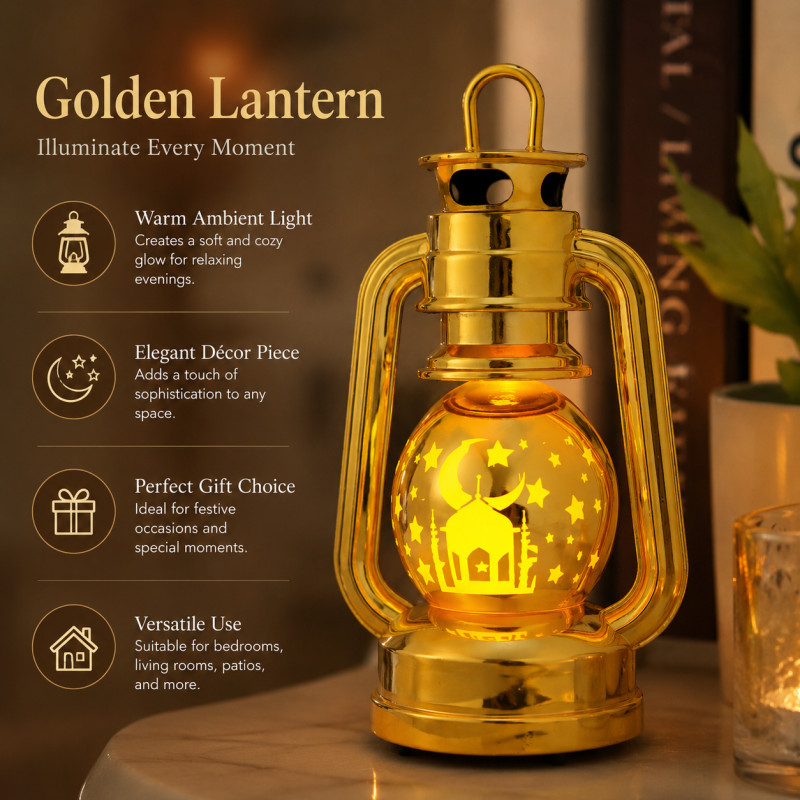 Amber Glow Led Lantern Designed for Ambiance & Illumination – Gold (H-20.0, W-11.0, L-8.5 CM)