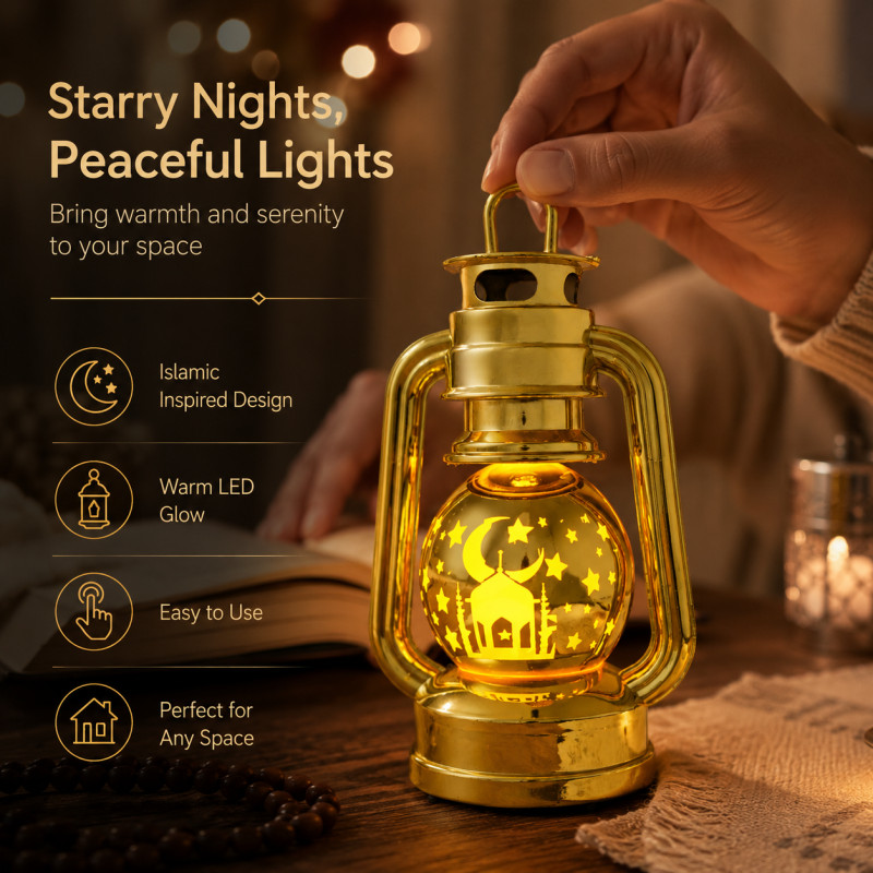 Amber Glow Led Lantern Designed for Ambiance & Illumination – Gold (H-20.0, W-11.0, L-8.5 CM)