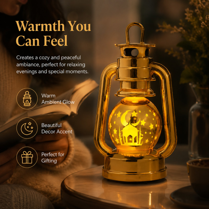 Amber Glow Led Lantern Designed for Ambiance & Illumination – Gold (H-20.0, W-11.0, L-8.5 CM)