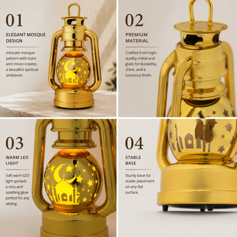 Amber Glow Led Lantern Designed for Ambiance & Illumination – Gold (H-20.0, W-11.0, L-8.5 CM)