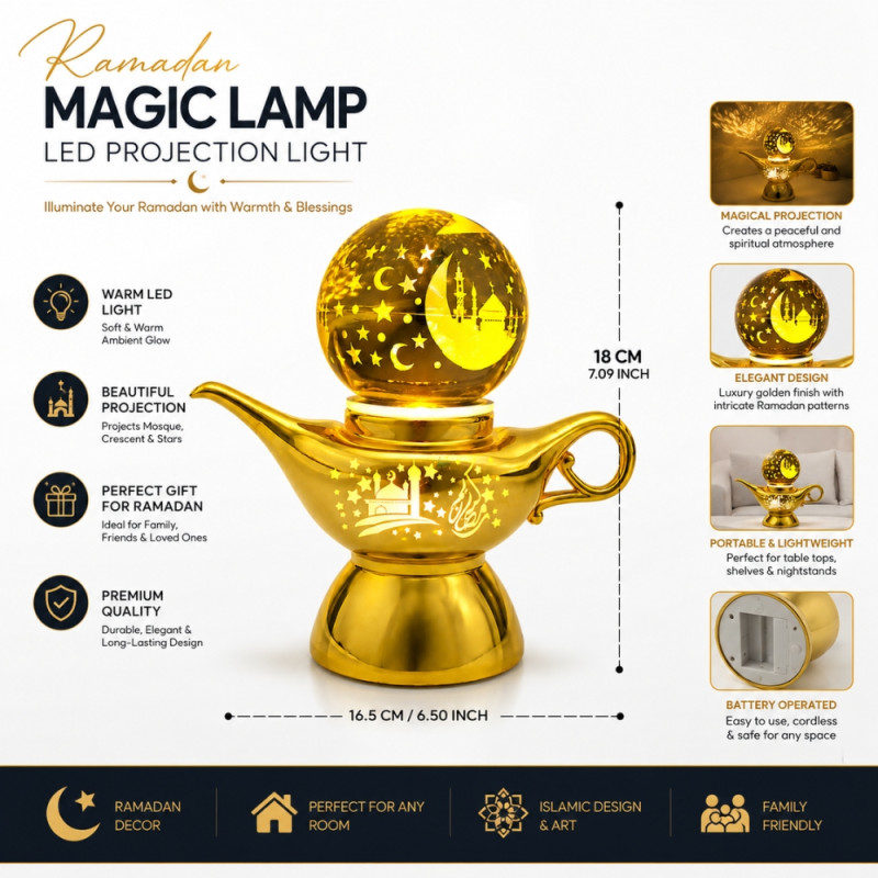 Party Fusion Ramadan-Themed Golden LED Projection Lamp – 18cm