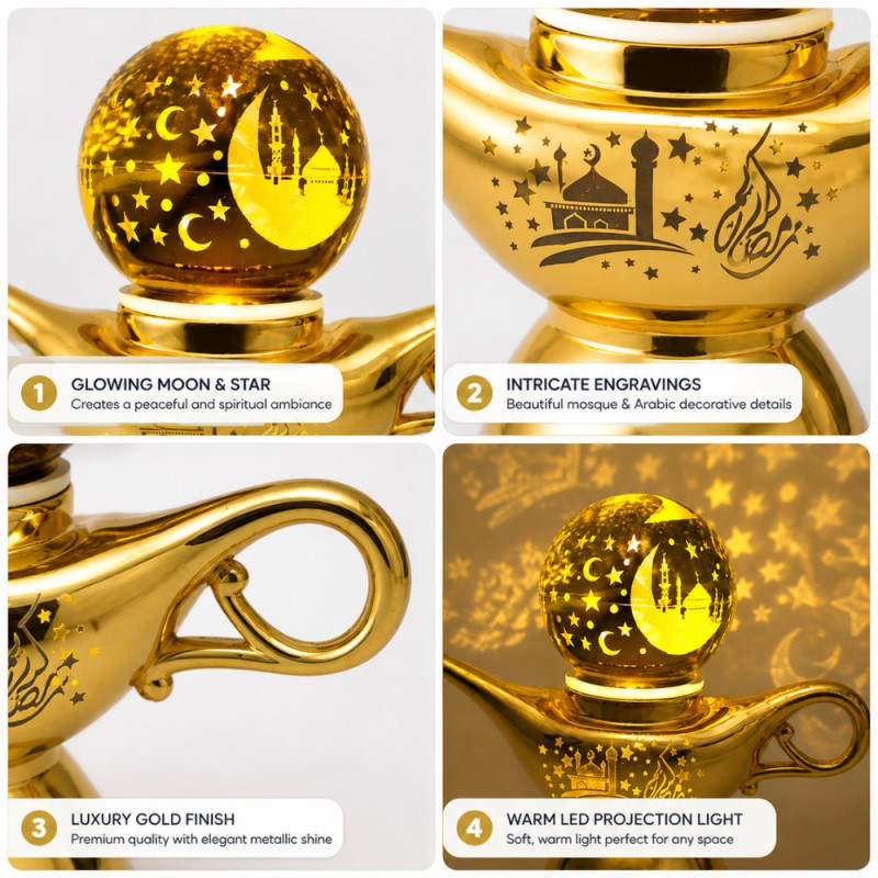 Party Fusion Ramadan-Themed Golden LED Projection Lamp – 18cm