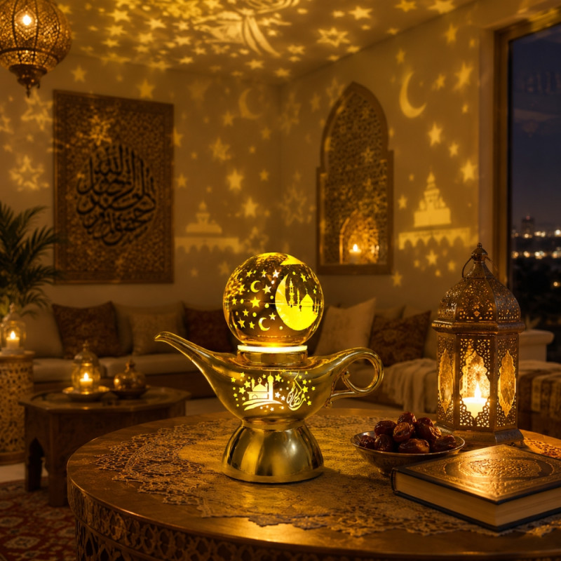 Party Fusion Ramadan-Themed Golden LED Projection Lamp – 18cm