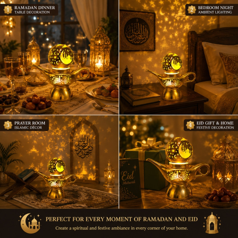 Party Fusion Ramadan-Themed Golden LED Projection Lamp – 18cm
