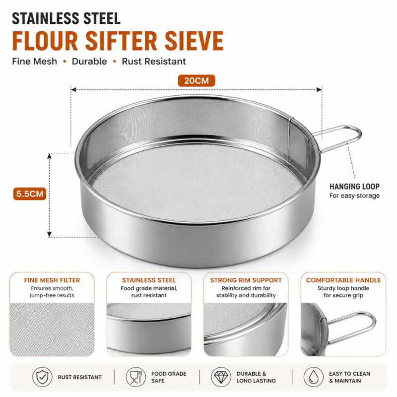 Seamless stainless steel flour sifters, commonly used for baking to achieve smooth – Silver (20cm)