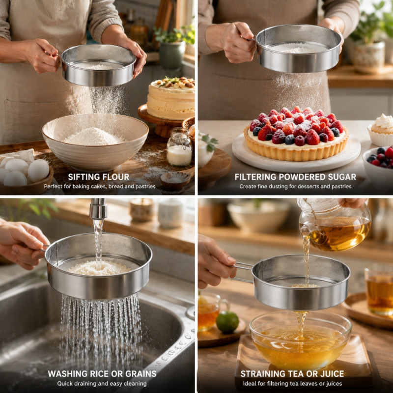 Seamless stainless steel flour sifters, commonly used for baking to achieve smooth – Silver (20cm)