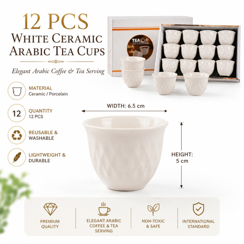 Retro white ceramic Arabic tea cups – White (23cm)