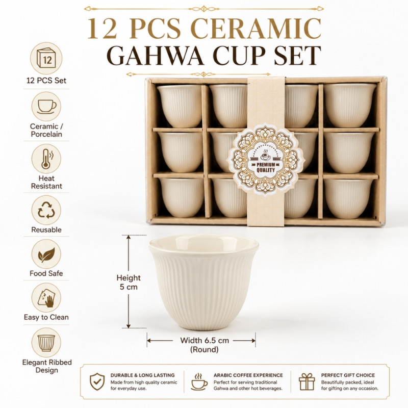 Scientific 12-piece ceramic gahwa cup set featuring a ribbed design and white color – Ivory (5 x 6.5cm)