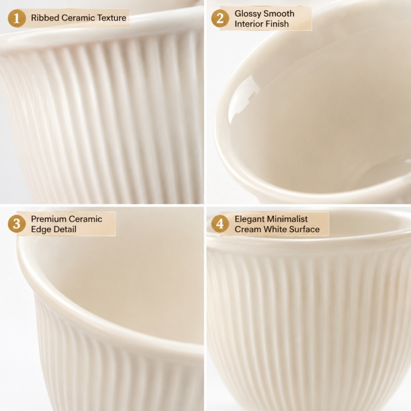 Scientific 12-piece ceramic gahwa cup set featuring a ribbed design and white color – Ivory (5 x 6.5cm)