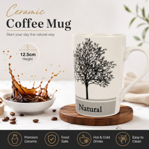Cosmopolitan Natural mix ceramic mug with a black tree pattern and glossy finish – Off White (12.5 X 8.5cm)