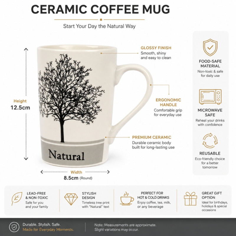 Cosmopolitan Natural mix ceramic mug with a black tree pattern and glossy finish – Off White (12.5 X 8.5cm)