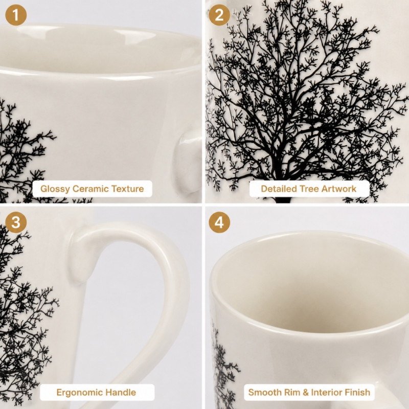 Cosmopolitan Natural mix ceramic mug with a black tree pattern and glossy finish – Off White (12.5 X 8.5cm)