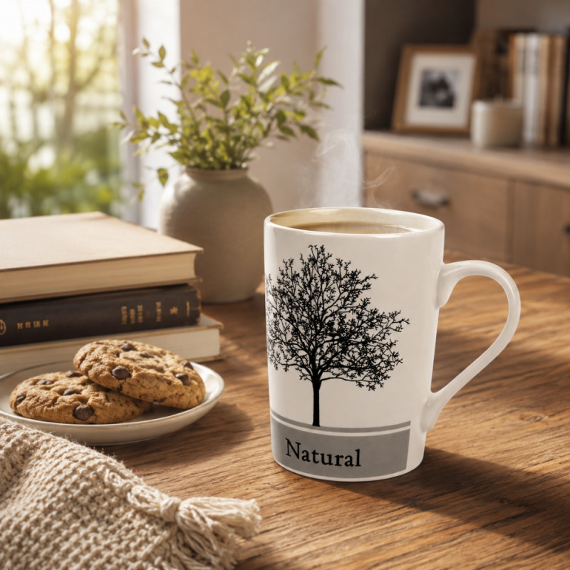 Cosmopolitan Natural mix ceramic mug with a black tree pattern and glossy finish – Off White (12.5 X 8.5cm)