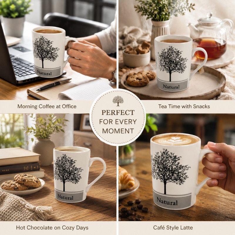 Cosmopolitan Natural mix ceramic mug with a black tree pattern and glossy finish – Off White (12.5 X 8.5cm)
