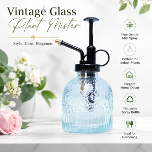 Reliable vintage-style glass plant mister in a blue color featuring embossed detailing and a black pump mechanism – Transparent & Black (17 x 7.5cm)