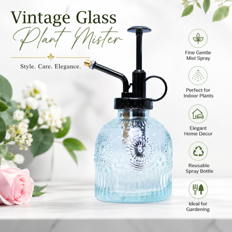 Reliable vintage-style glass plant mister in a blue color featuring embossed detailing and a black pump mechanism – Transparent & Black (17 x 7.5cm)
