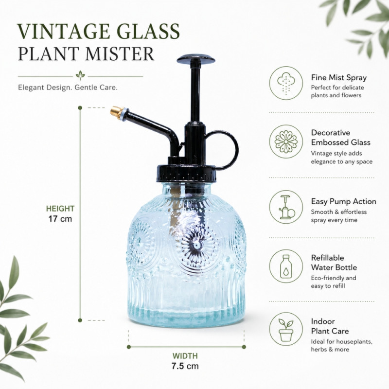 Reliable vintage-style glass plant mister in a blue color featuring embossed detailing and a black pump mechanism – Transparent & Black (17 x 7.5cm)
