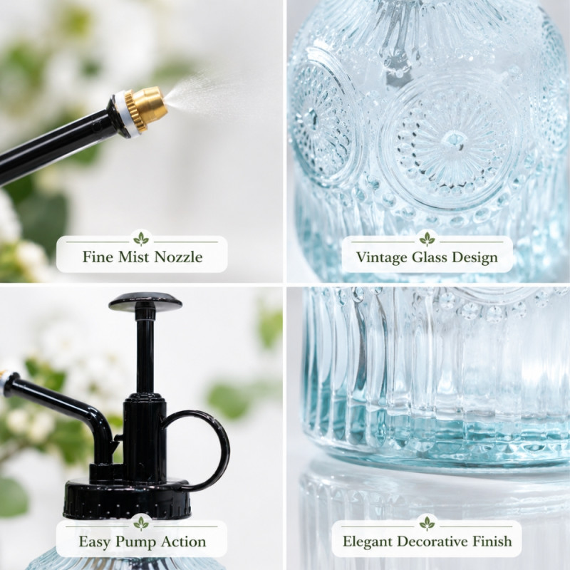 Reliable vintage-style glass plant mister in a blue color featuring embossed detailing and a black pump mechanism – Transparent & Black (17 x 7.5cm)