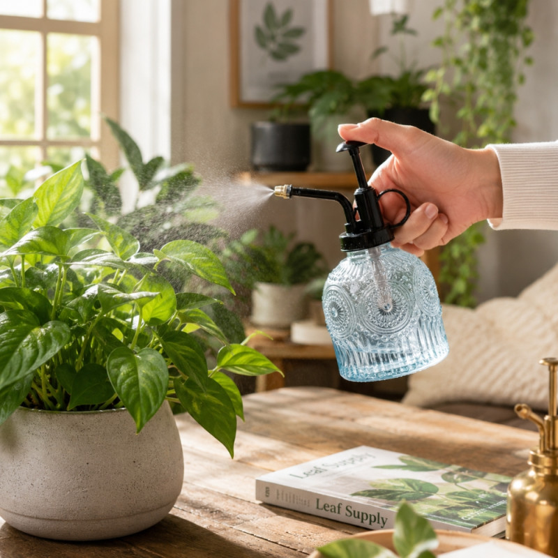 Reliable vintage-style glass plant mister in a blue color featuring embossed detailing and a black pump mechanism – Transparent & Black (17 x 7.5cm)