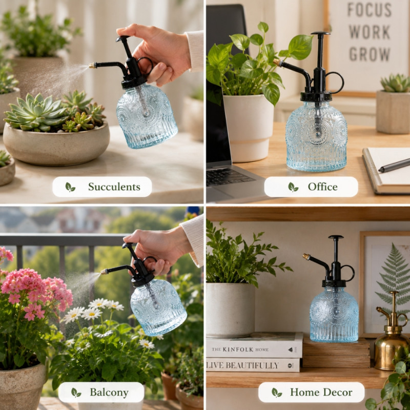Reliable vintage-style glass plant mister in a blue color featuring embossed detailing and a black pump mechanism – Transparent & Black (17 x 7.5cm)