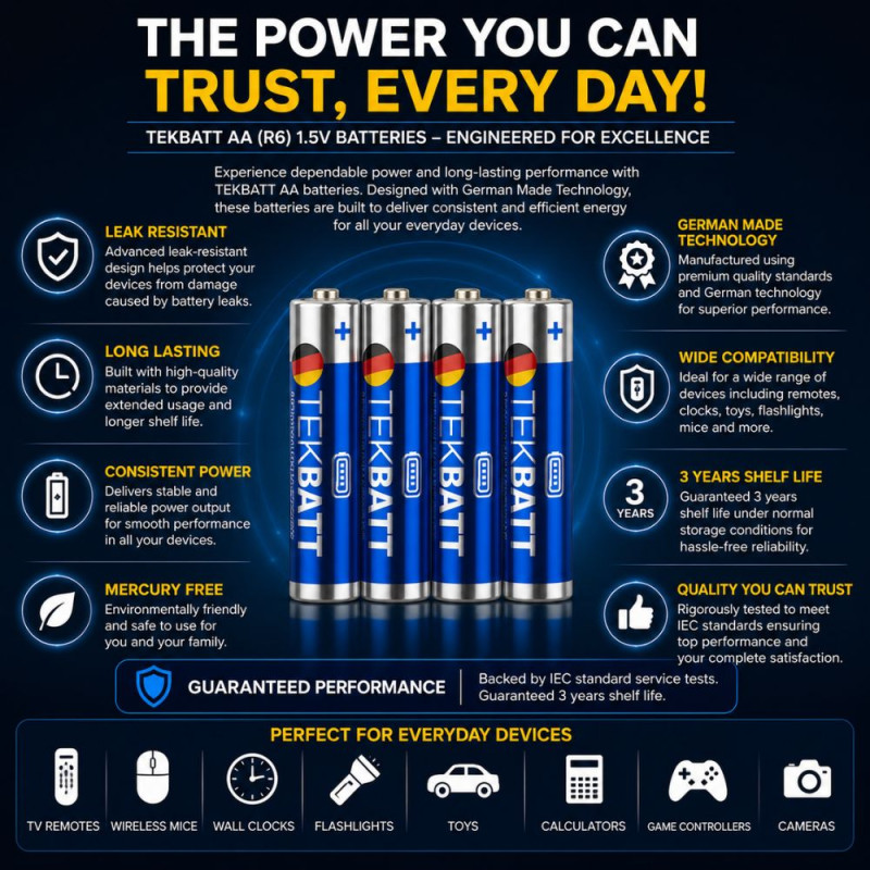 Super Heavy Duty AA 1.5V Batteries – Leak-Resistant – Blue 4-Pack (5cm)