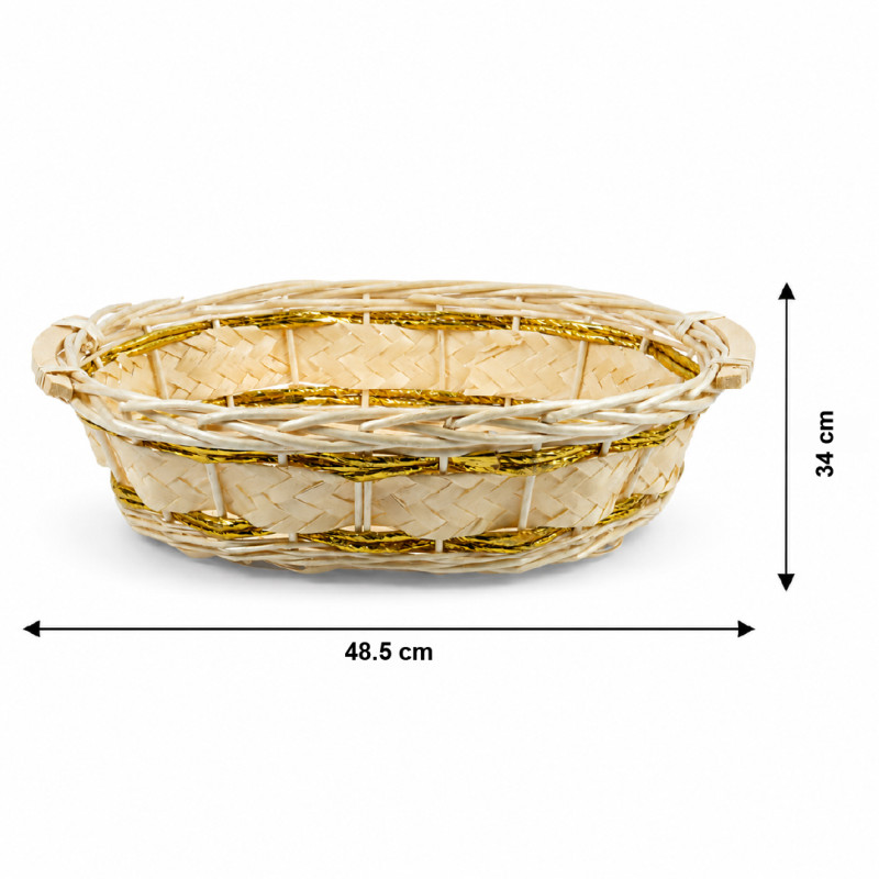 Artisanal Oval Wicker Bread Basket with Decorative Gold Threading