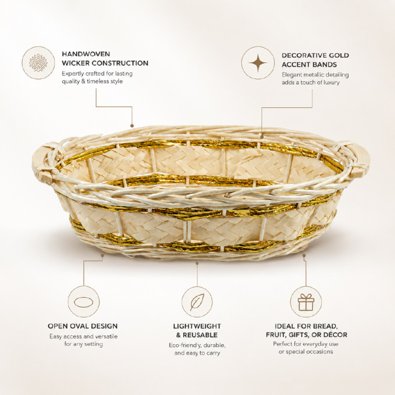 Artisanal Oval Wicker Bread Basket with Decorative Gold Threading