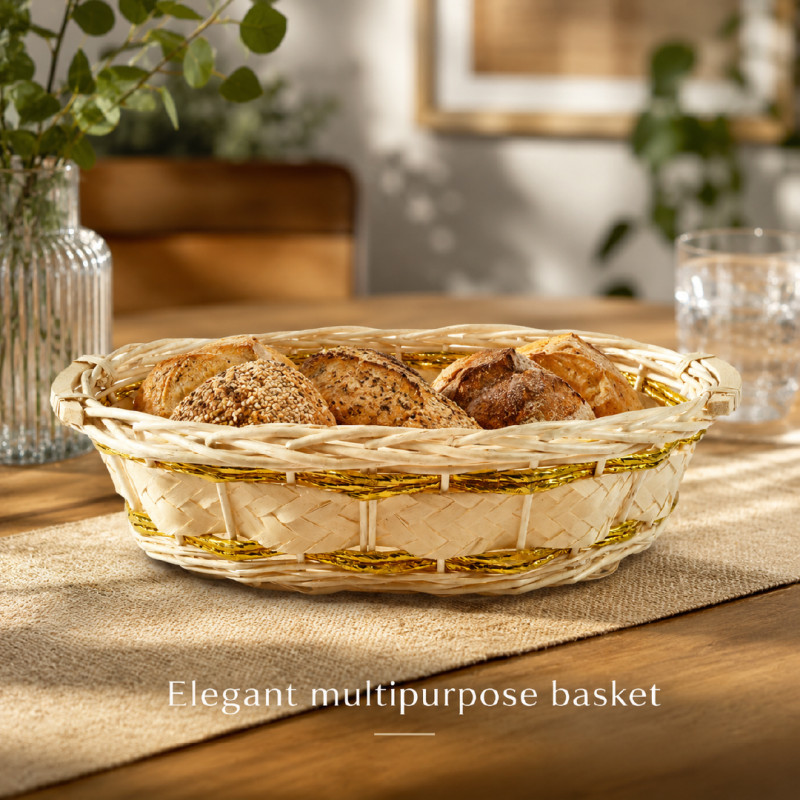 Artisanal Oval Wicker Bread Basket with Decorative Gold Threading