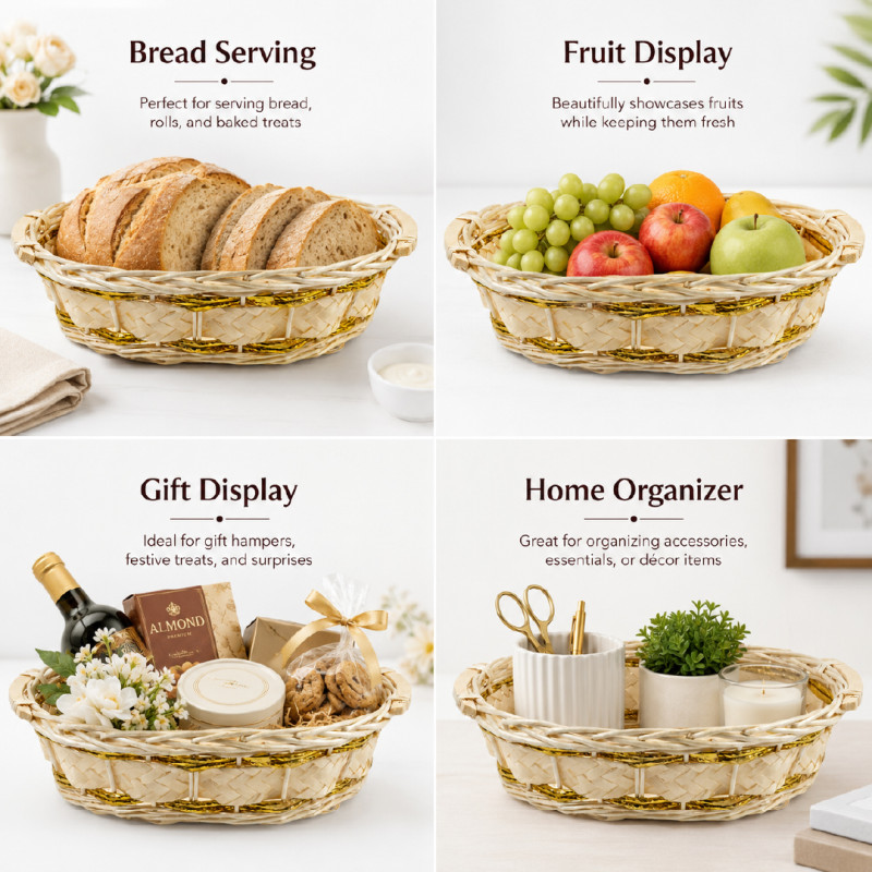 Artisanal Oval Wicker Bread Basket with Decorative Gold Threading