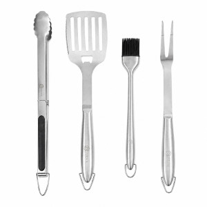 Stainless Steel 4-Piece Barbecue Tool Set with Tongs, Spatula, Basting Brush, and Grill Fork – Silver & Black