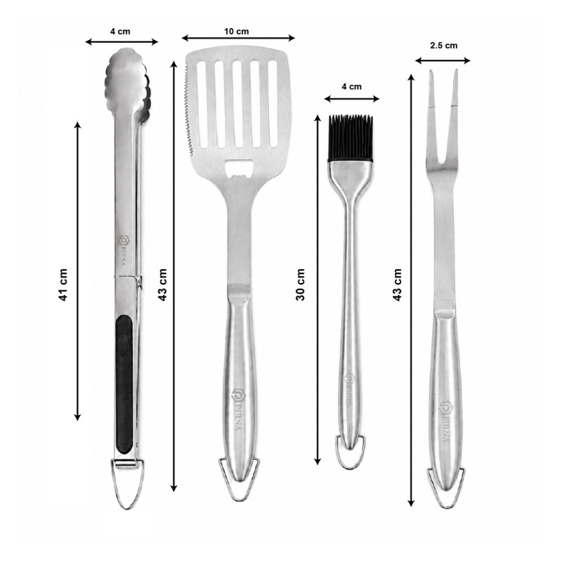 Stainless Steel 4-Piece Barbecue Tool Set with Tongs, Spatula, Basting Brush, and Grill Fork – Silver &amp; Black