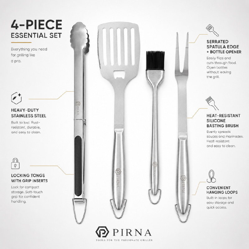 Stainless Steel 4-Piece Barbecue Tool Set with Tongs, Spatula, Basting Brush, and Grill Fork – Silver &amp; Black