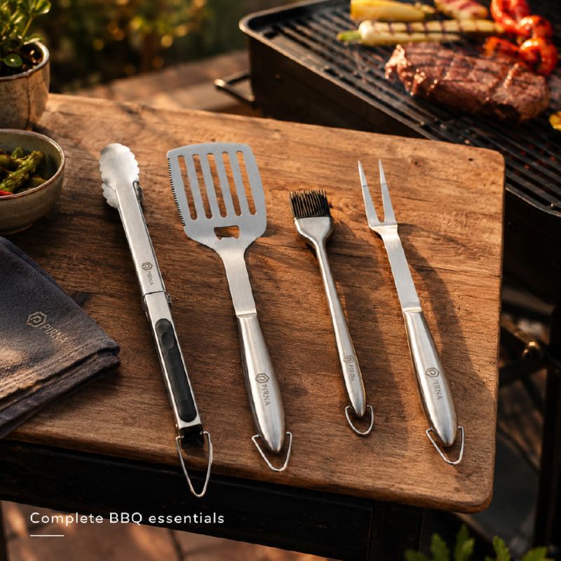 Stainless Steel 4-Piece Barbecue Tool Set with Tongs, Spatula, Basting Brush, and Grill Fork – Silver &amp; Black