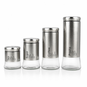 Premium 4-Piece Stainless Steel & Glass Canister Set with Labeled Storage for Tea, Coffee, Sugar, Pasta - Silver Premium 4-Piece Stainless Steel & Glass Canister Set with Labeled Storage for Tea, Coffee, Sugar, Pasta - Silver