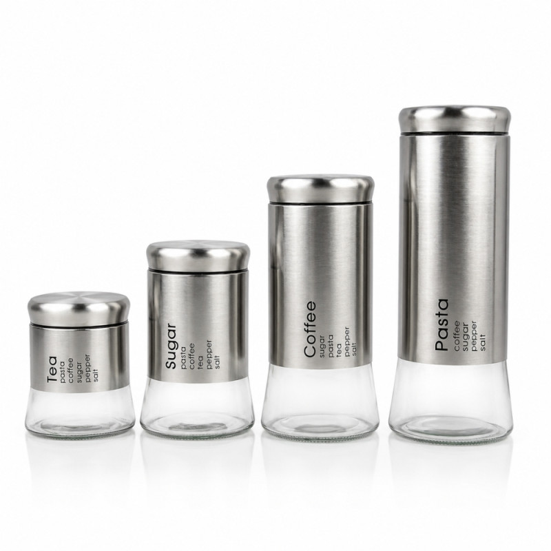 Premium 4-Piece Stainless Steel & Glass Canister Set with Labeled Storage for Tea, Coffee, Sugar, Pasta - Silver